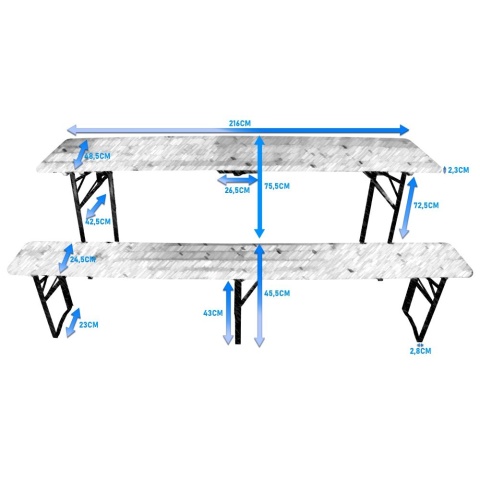 Zestaw ogrodowy – stół + 2 ławki wykonane z drewna, idealne do tarasu, ogrodu lub na kemping