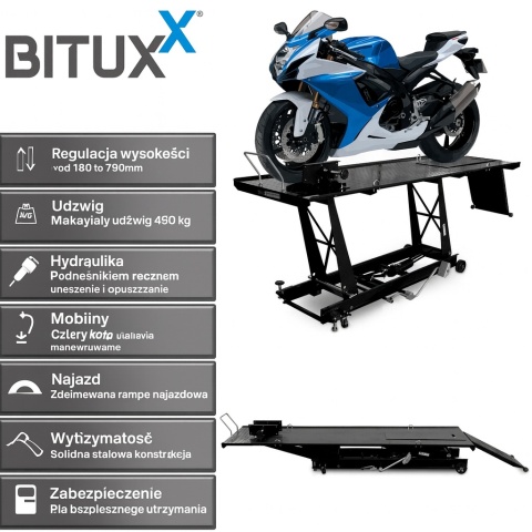Hydrauliczny motocyklowy podnośnik Bituxx 460 kg – podnośnik serwisowy z nożną pompką, czarny
