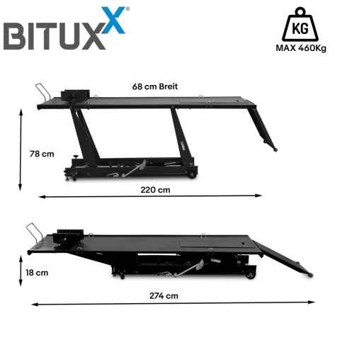 Hydrauliczny motocyklowy podnośnik Bituxx 460 kg – podnośnik serwisowy z nożną pompką, czarny