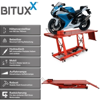 Hydrauliczny podnośnik motocyklowy Bituxx 460 kg – platforma serwisowa, regulowany lift