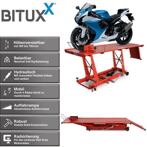 Hydrauliczny podnośnik motocyklowy Bituxx 460 kg – platforma serwisowa, regulowany lift