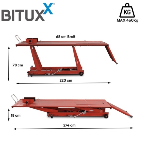 Hydrauliczny podnośnik motocyklowy Bituxx 460 kg – platforma serwisowa, regulowany lift