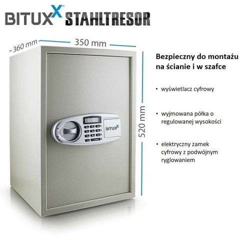 Szafa pancerna / sejf Bituxx z podwójną blokadą – kod PIN + 2 klucze, gruba stalowa konstrukcja 20 kg
