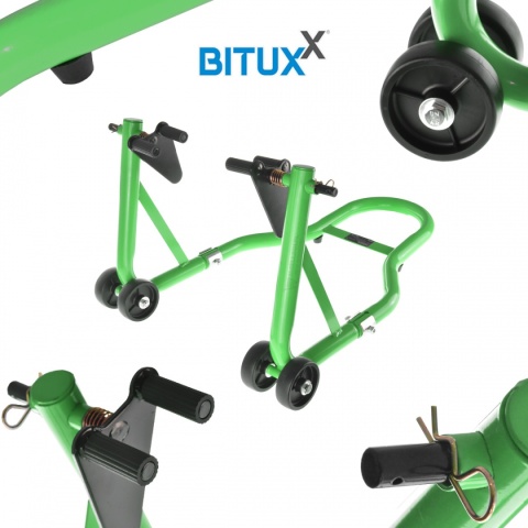 Zielony stojak motocyklowy Bituxx 250 kg – uchwyt serwisowy na przednie koło