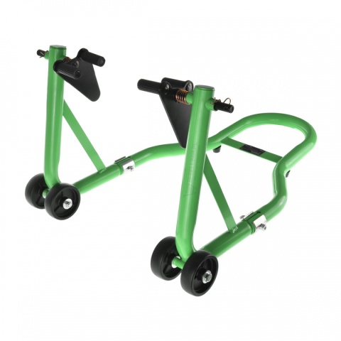 Zielony stojak motocyklowy Bituxx 250 kg – uchwyt serwisowy na przednie koło