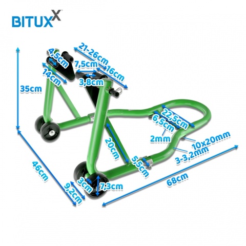 Zielony stojak motocyklowy Bituxx 250 kg – uchwyt serwisowy na przednie koło