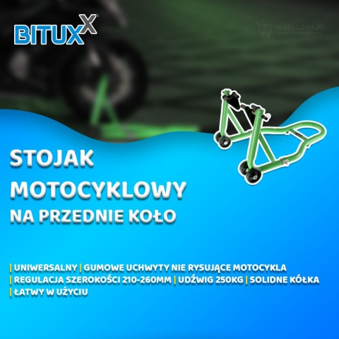 Zielony stojak motocyklowy Bituxx 250 kg – uchwyt serwisowy na przednie koło