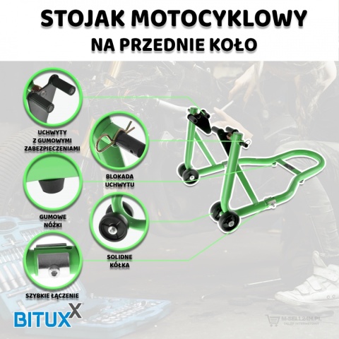 Zielony stojak motocyklowy Bituxx 250 kg – uchwyt serwisowy na przednie koło