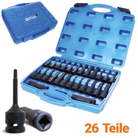 Bituxx 26‑częściowy zestaw nasadek 1/2″ – nasadki, bity Torx i wielozębate, profesjonalny komplet