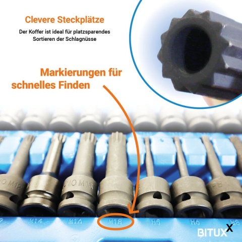 Bituxx 26‑częściowy zestaw nasadek 1/2″ – nasadki, bity Torx i wielozębate, profesjonalny komplet