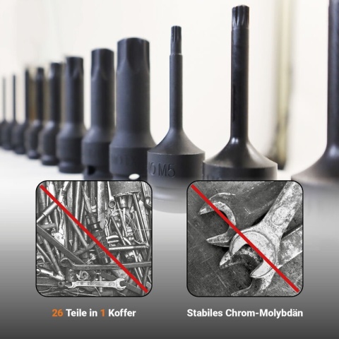 Bituxx 26‑częściowy zestaw nasadek 1/2″ – nasadki, bity Torx i wielozębate, profesjonalny komplet