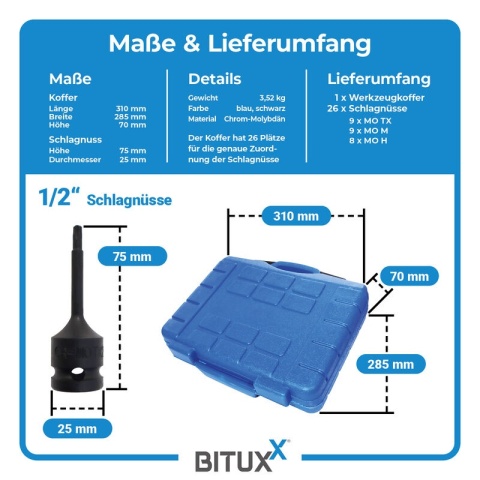 Bituxx 26‑częściowy zestaw nasadek 1/2″ – nasadki, bity Torx i wielozębate, profesjonalny komplet