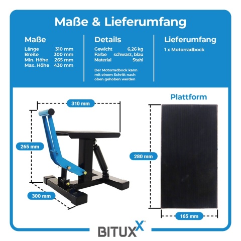 Bituxx podnośnik do motocykla z amortyzatorem – max. 150 kg, uniwersalny