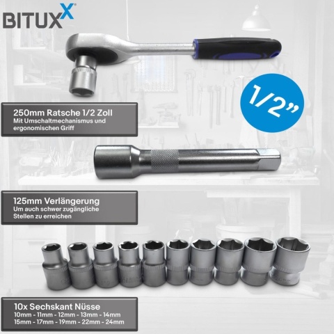 Bituxx zestaw nasadek 12 szt. 3/8" z grzechotką i przedłużką – komplet do warsztatu i garażu
