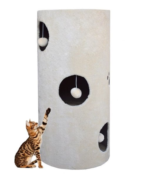 DRAPAK DLA KOTA TUBA 78CM LEGOWISKO 3 OTWORY BEŻOWY PLUSZ POMPONY