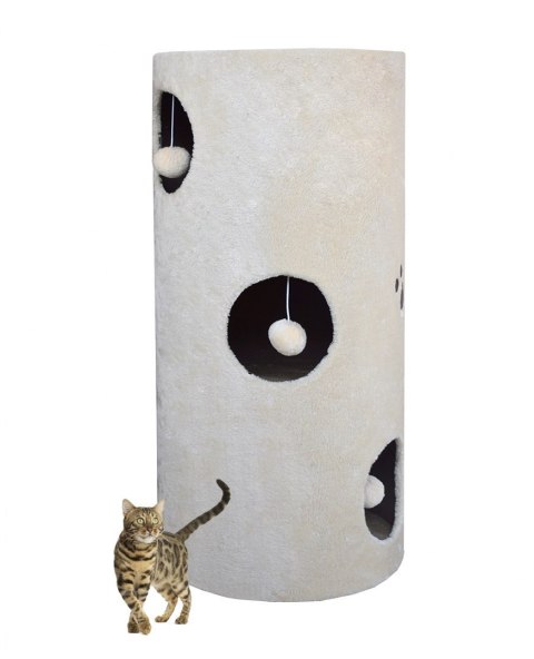 DRAPAK DLA KOTA TUBA 78CM LEGOWISKO 3 OTWORY BEŻOWY PLUSZ POMPONY