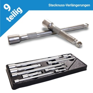 Komplet przedłużek do kluczy nasadowych 1/4″ / 3/8″ / 1/2″ – 9 elementów w etui