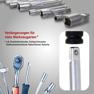 Komplet przedłużek do kluczy nasadowych 1/4″ / 3/8″ / 1/2″ – 9 elementów w etui