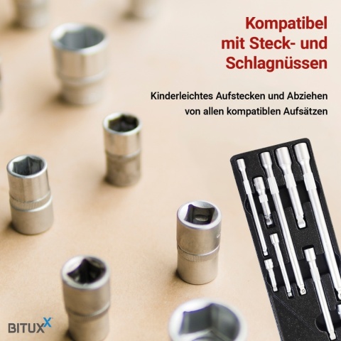 Komplet przedłużek do kluczy nasadowych 1/4″ / 3/8″ / 1/2″ – 9 elementów w etui