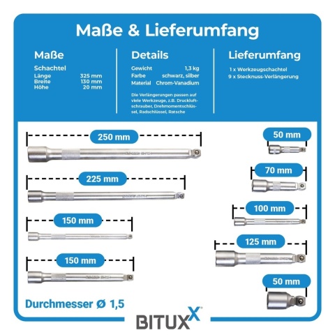 Komplet przedłużek do kluczy nasadowych 1/4″ / 3/8″ / 1/2″ – 9 elementów w etui
