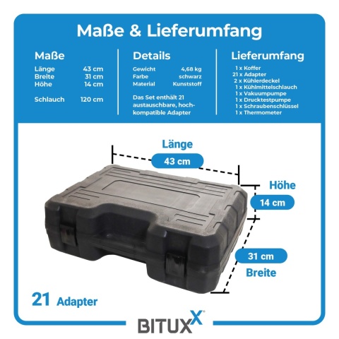 Bituxx 28‑częściowy tester układu chłodzenia – zestaw diagnostyczny do testu szczelności i napełniania chłodnicy