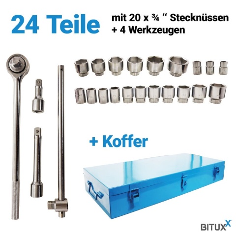 Bituxx zestaw kluczy nasadowych 3/4″ – hartowana stal, komplet nasadek i grzechotka, profesjonalny zestaw warsztatowy