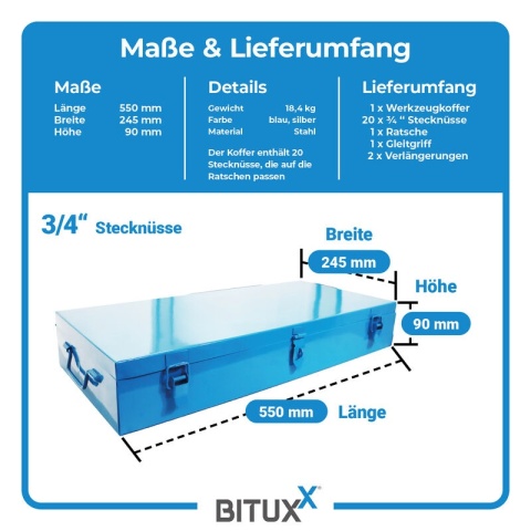 Bituxx zestaw kluczy nasadowych 3/4″ – hartowana stal, komplet nasadek i grzechotka, profesjonalny zestaw warsztatowy