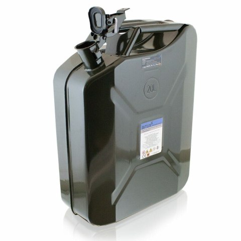Metalowy kanister 20 L Bituxx z lejkiem – czarny pojemnik na paliwo, oleje i substancje techniczne