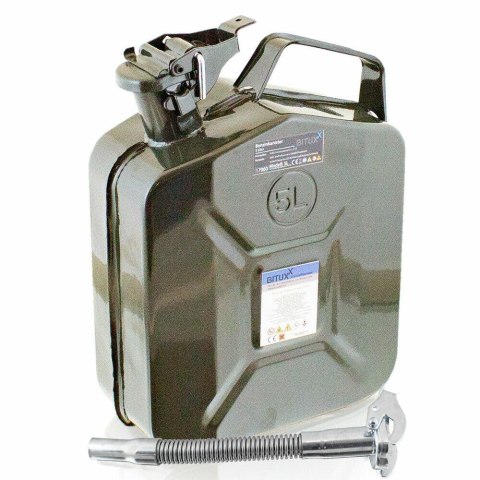 Metalowy kanister 5 L z zamkiem bagnetowym i lejkiem – solidny pojemnik na paliwo i oleje