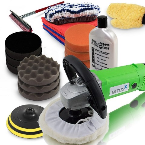 Bituxx Profesjonalna Polerka Samochodowa 1500 W z Zestawem Akcesoriów – Gąbki, Ściereczki, Płyny Polerskie