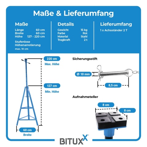 Podstawki Samochodowe BITUXX 2T – Regulowane Podpory Kobyłki Stalowe pod Auto (1 szt.)