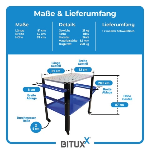 Profesjonalny stół warsztatowy/spawalniczy BITUXX na kółkach o nośności 250 kg – mobilny roboczy do spawania i montażu