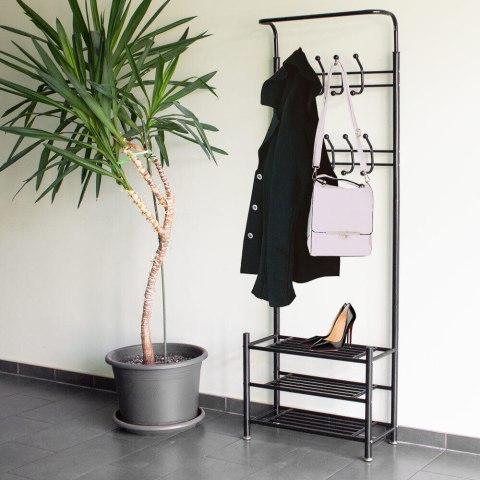 CZARNY STOJĄCY WIESZAK STOJAK NA UBRANIA KURTKI 3 PÓŁKI NA BUTY DO DOMU