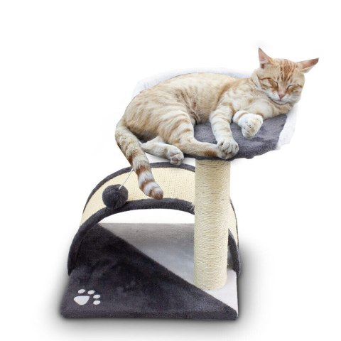 Drapak dla kota z platformą i słupkiem pokrytym sizalem szary legowisko i strefa zabawy