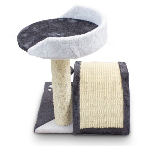 Drapak dla kota z platformą i słupkiem pokrytym sizalem szary legowisko i strefa zabawy