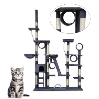 Drapak dla kota XXL siwy z domkiem Sizal + plusz plac zabaw dla kota