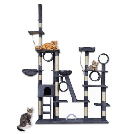 Drapak dla kota XXL siwy z domkiem Sizal + plusz plac zabaw dla kota