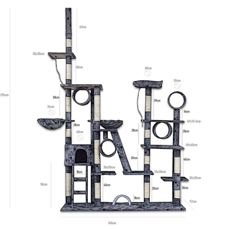 Drapak dla kota XXL siwy z domkiem Sizal + plusz plac zabaw dla kota