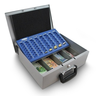 Kasetka skrytka na pieniądze Bilon EURO do kantoru 35cm szara zamykana na klucz