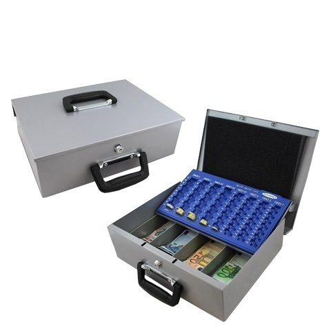 Kasetka skrytka na pieniądze Bilon EURO do kantoru 35cm szara zamykana na klucz