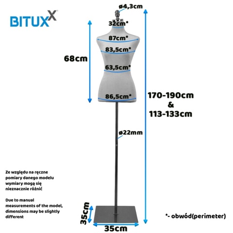 Manekin krawiecki regulowany na stojaku popiersie Niebieski elegancki