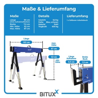 Stół roboczy / kozioł składany regulowany – 600 kg, wysokość 62–87 cm BITUXX