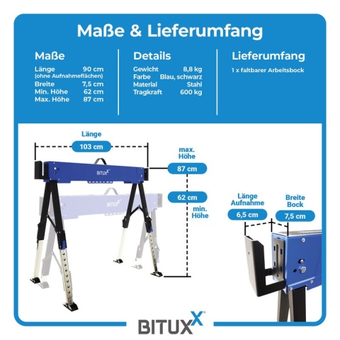 Stół roboczy / kozioł składany regulowany – 600 kg, wysokość 62–87 cm BITUXX