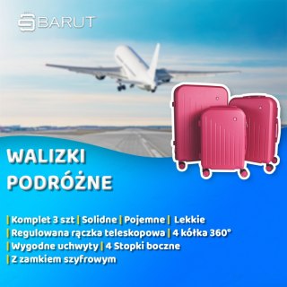 WALIZKI PODRÓŻNE 3SZT BARUT ABS MOCNE NA 4 KÓŁKACH KOMPLET XL+L+M RÓŻOWE