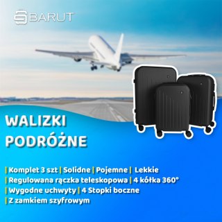 ZESTAW WALIZEK PODRÓŻNYCH 3SZT BARUT ABS MOCNE NA 4 KÓŁKACH KOMPLET XL+L+M CZARNE