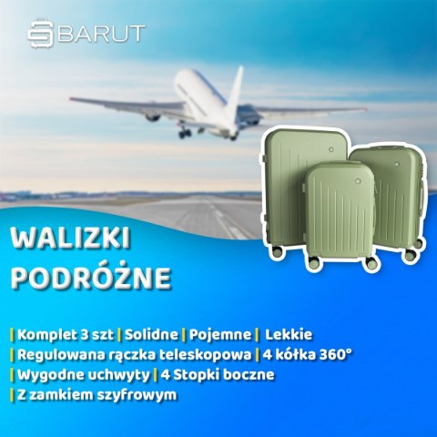 ZESTAW WALIZEK PODRÓŻNYCH 3SZT BARUT ABS MOCNE NA 4 KÓŁKACH KOMPLET XL+L+M MIĘTOWE