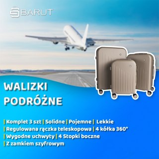 ZESTAW WALIZEK PODRÓŻNYCH 3SZT BARUT ABS MOCNE NA 4 KÓŁKACH KOMPLET XL+L+M SZAMPAŃSKIE