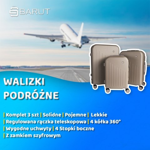 ZESTAW WALIZEK PODRÓŻNYCH 3SZT BARUT ABS MOCNE NA 4 KÓŁKACH KOMPLET XL+L+M SZAMPAŃSKIE