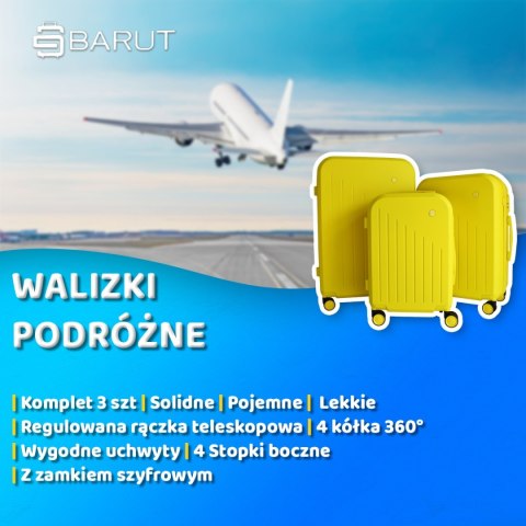 Komplet walizek podróżnych ABS 3 w 1 XL+L+M żółte na kółkach z teleskopowymi uchwytami