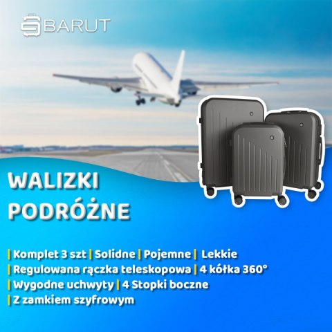 ZESTAW WALIZEK PODRÓŻNYCH 3SZT XL+L+M BARUT ABS NA 4 KÓŁKACH SZARE